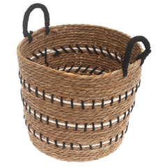 Large Natural Woven Storage Basket with Black & White Stripe Detail – 13.5 x 13.5 x 11.5 Inch - Habitt