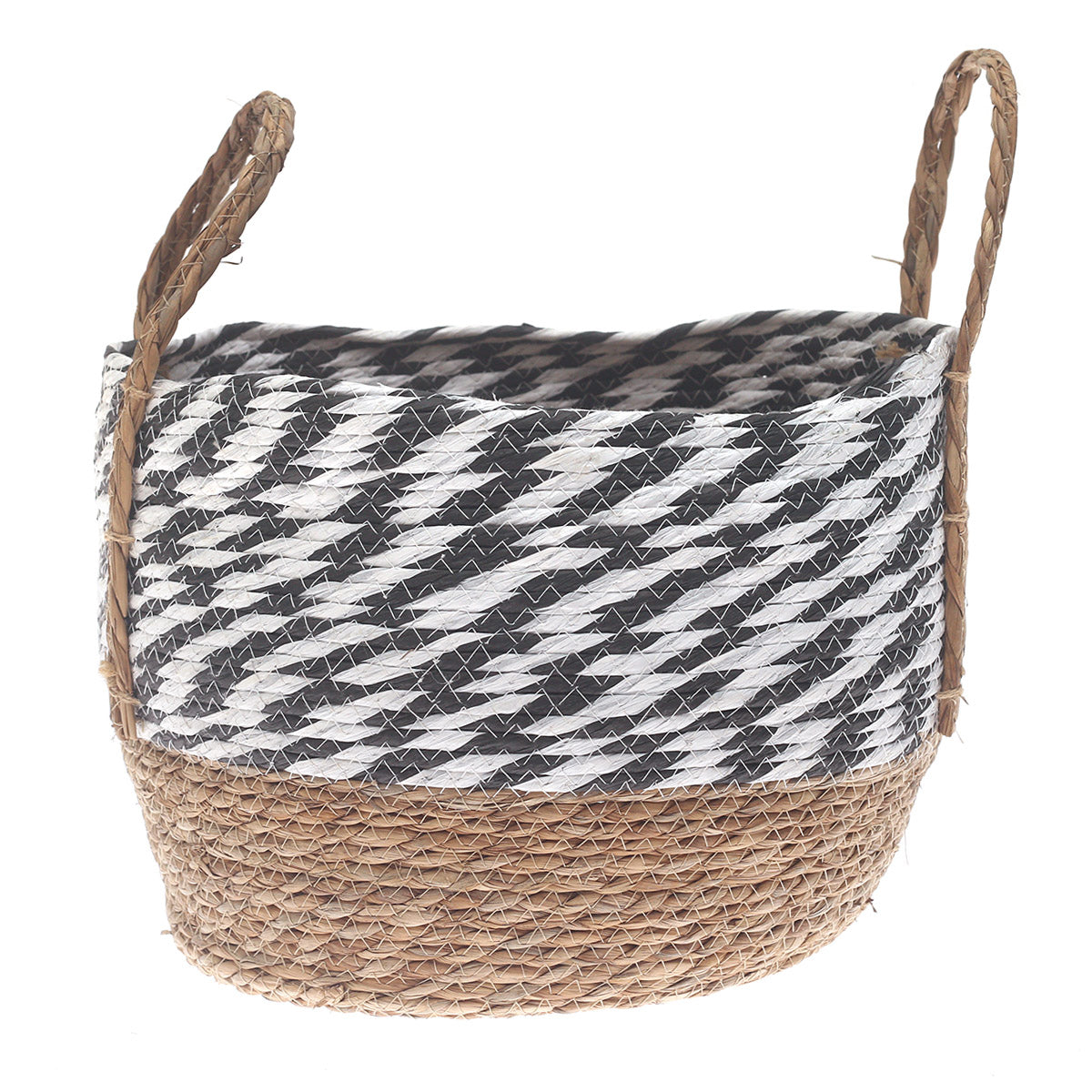 Large Natural & Black Woven Storage Basket with Handles – 16 x 16 x 12 Inch - Habitt