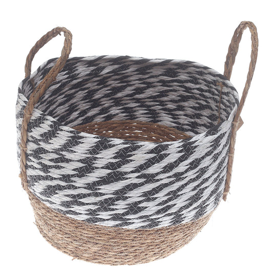 Large Natural & Black Woven Storage Basket with Handles – 16 x 16 x 12 Inch - Habitt