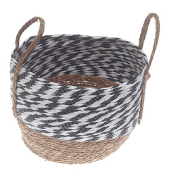 Large Natural & Black Woven Storage Basket with Handles – 16 x 16 x 12 Inch - Habitt