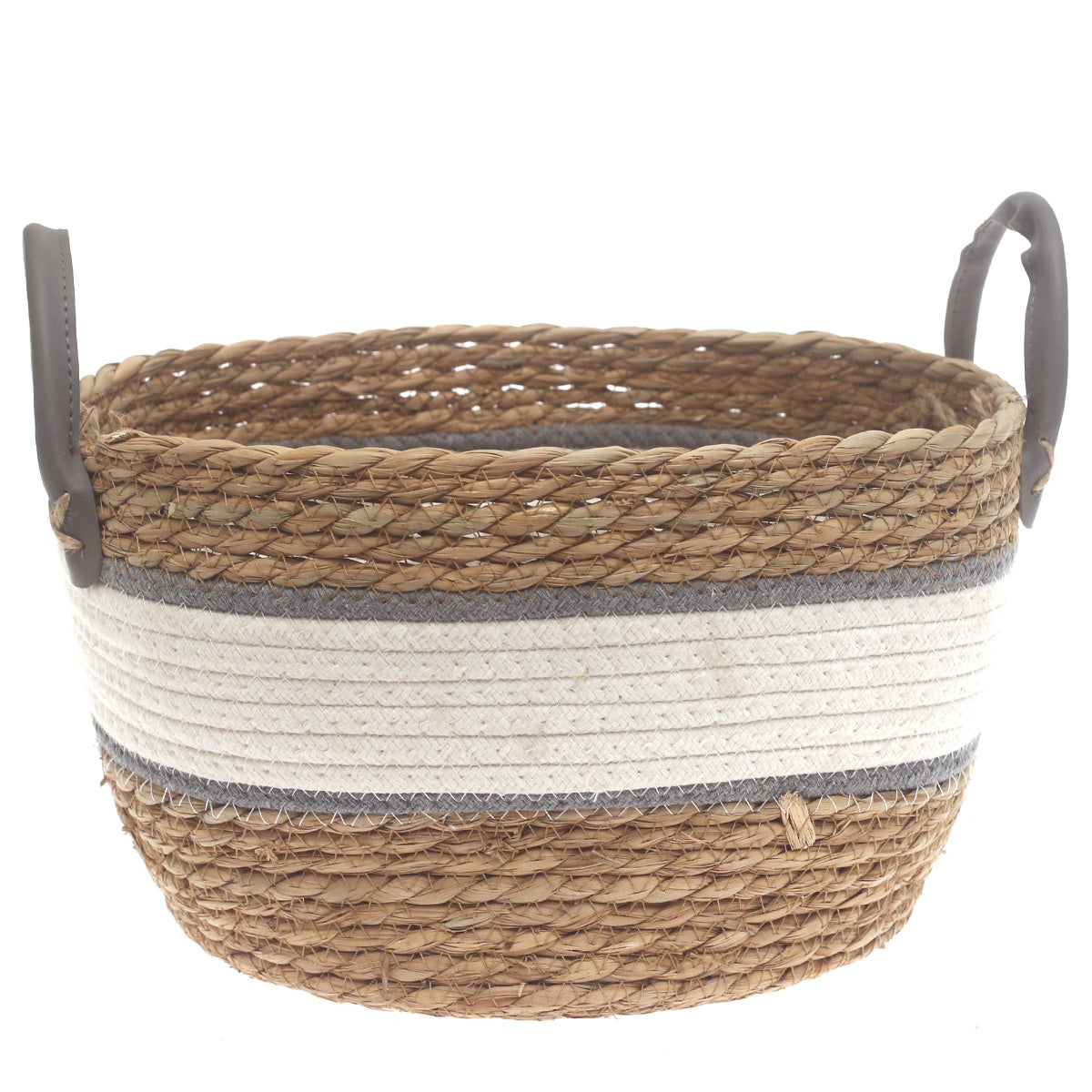 Large Woven Storage Basket White & Grey Stripe Design – 12 x 12 x 8 Inch - Habitt