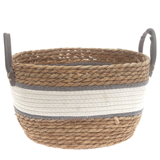Large Woven Storage Basket White & Grey Stripe Design – 12 x 12 x 8 Inch - Habitt