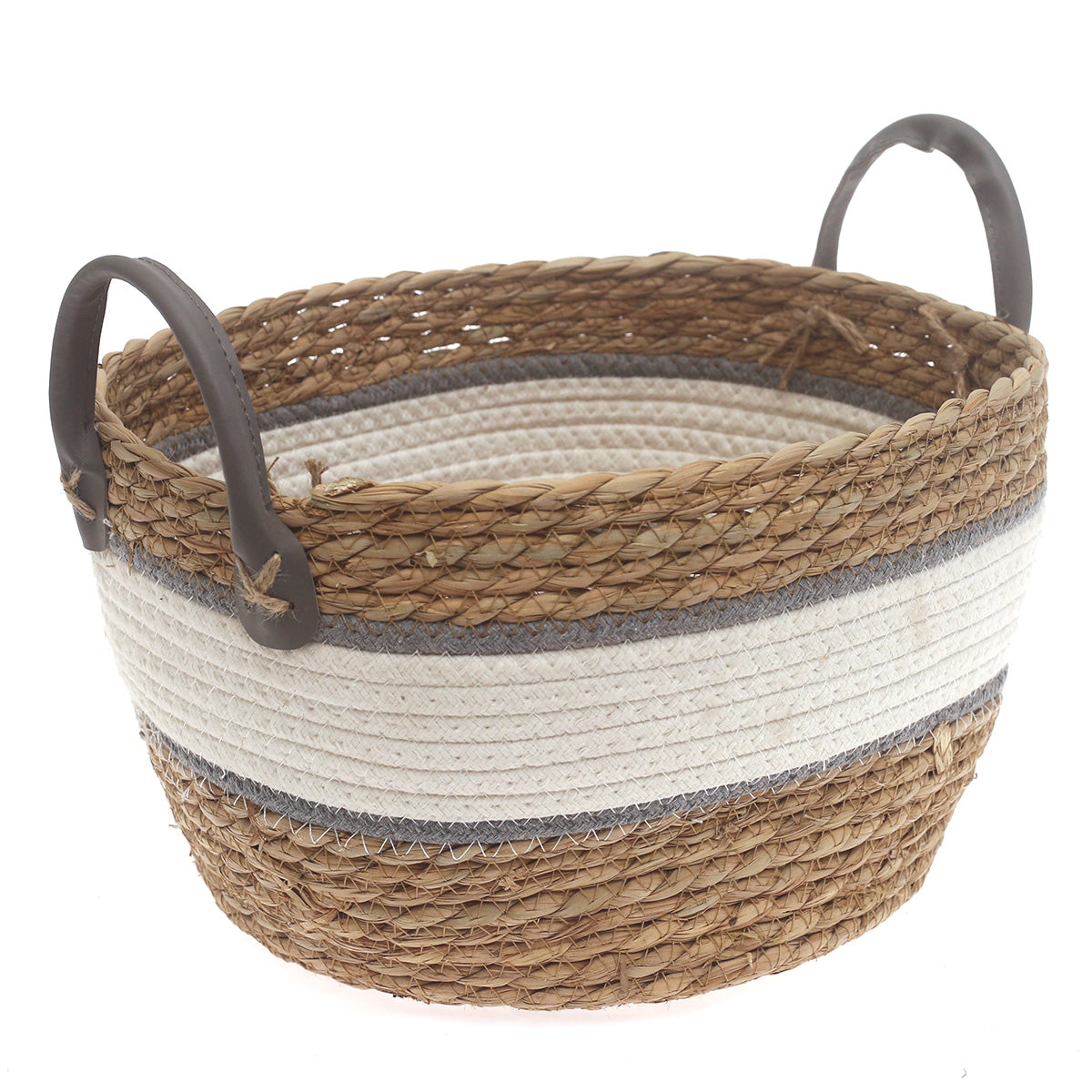 Large Woven Storage Basket White & Grey Stripe Design – 12 x 12 x 8 Inch - Habitt