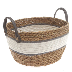 Large Woven Storage Basket White & Grey Stripe Design – 12 x 12 x 8 Inch - Habitt
