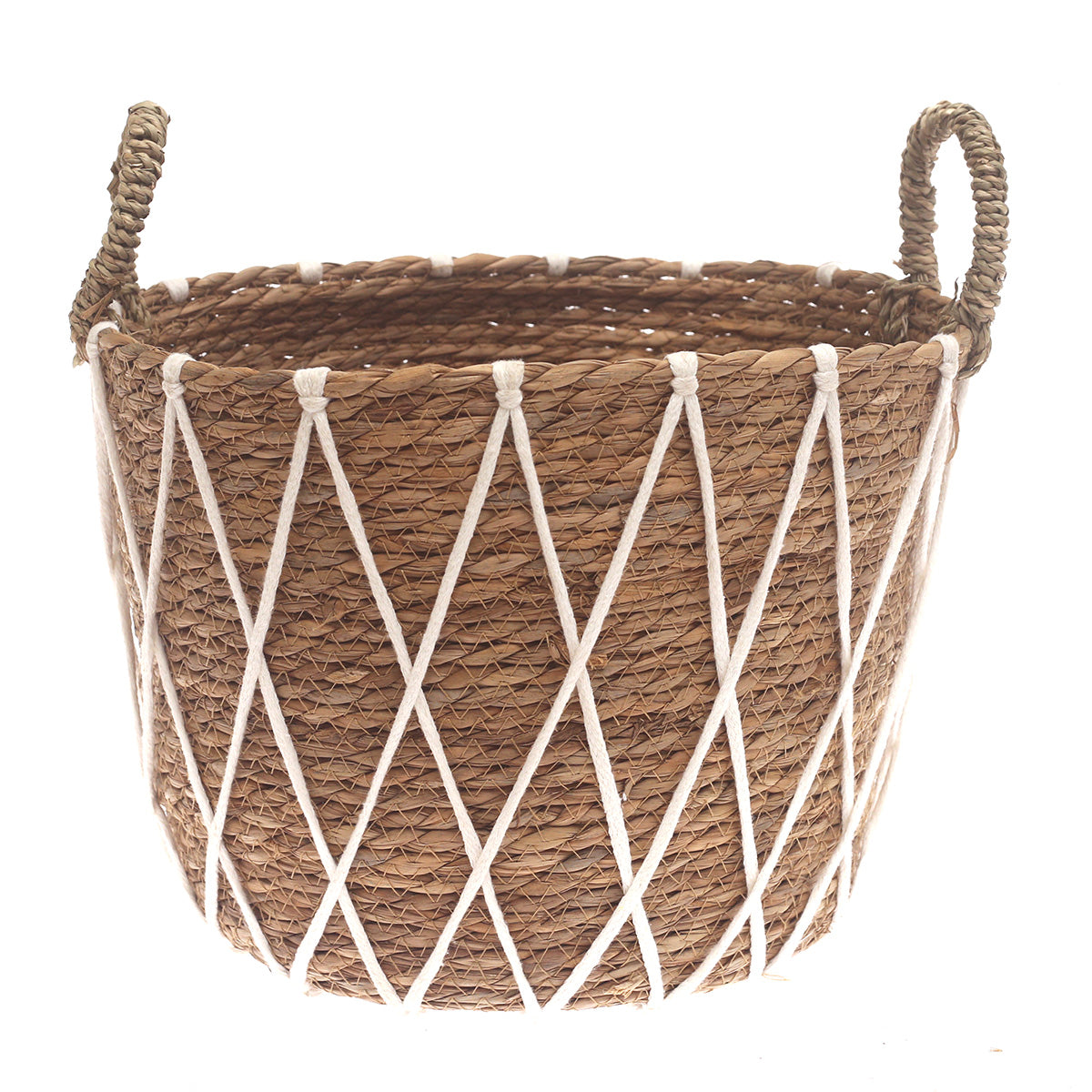 Large Woven Storage Basket with White Rope Detail – 12 x 12 x 10 Inch - Habitt