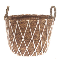 Large Woven Storage Basket with White Rope Detail – 12 x 12 x 10 Inch - Habitt