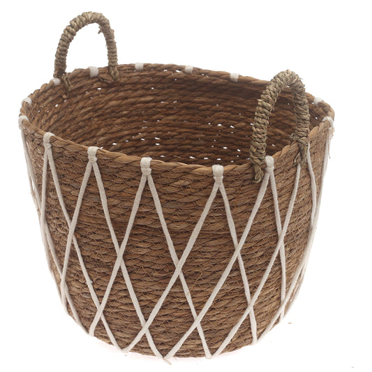 Large Woven Storage Basket with White Rope Detail – 12 x 12 x 10 Inch - Habitt