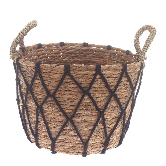 Medium Woven Storage Basket with Black Rope Detail – 11 x 11 x 8 Inch - Habitt