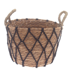 Medium Woven Storage Basket with Black Rope Detail – 11 x 11 x 8 Inch - Habitt