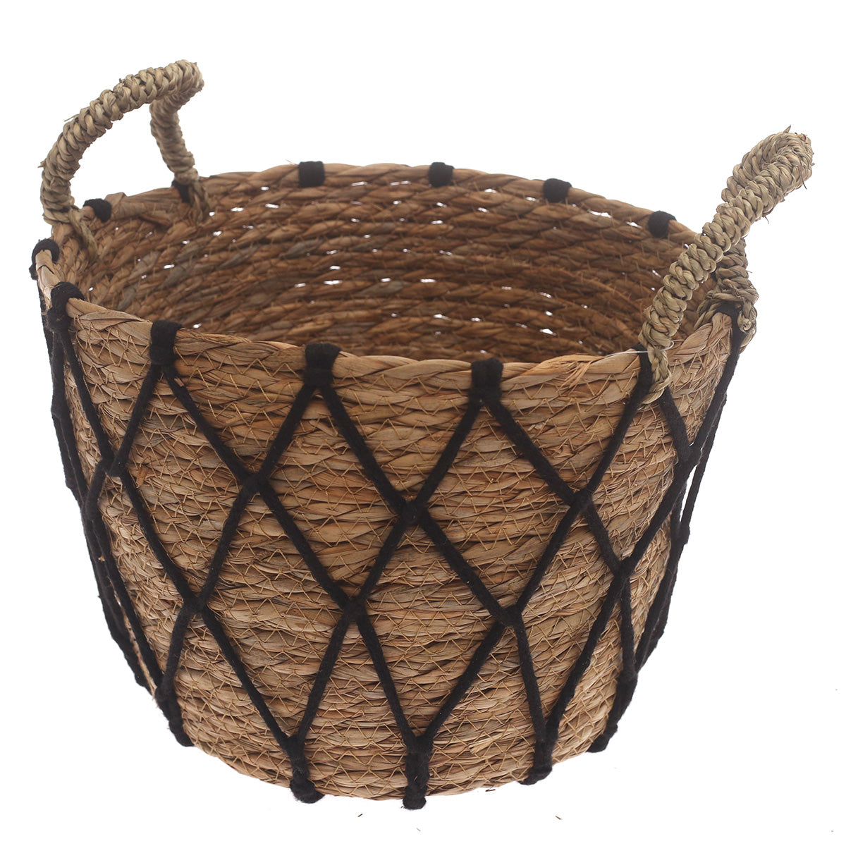 Medium Woven Storage Basket with Black Rope Detail – 11 x 11 x 8 Inch - Habitt
