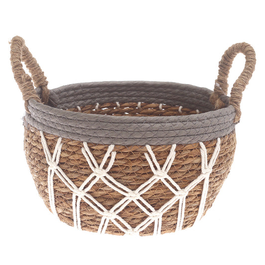 Medium Woven Storage Basket Grey & White Rope Detail – 10 x 6.5 Inch - Habitt