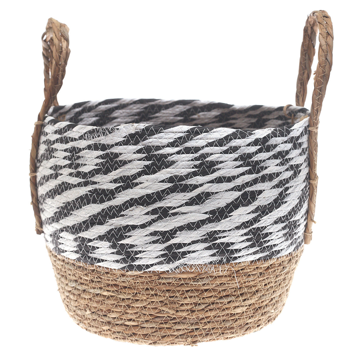 Medium Natural Woven Storage Basket with Black & White Pattern – 12 x 12 x 10 Inch - Habitt