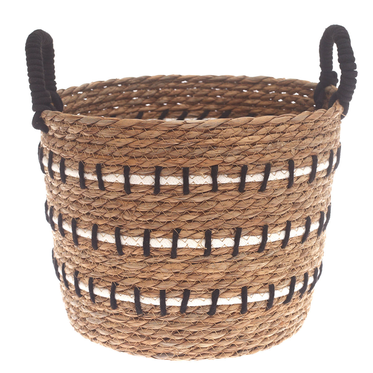 Medium Natural Woven Storage Basket with Black & White Stitch Detail – 12 x 12 x 9.5 Inch - Habitt