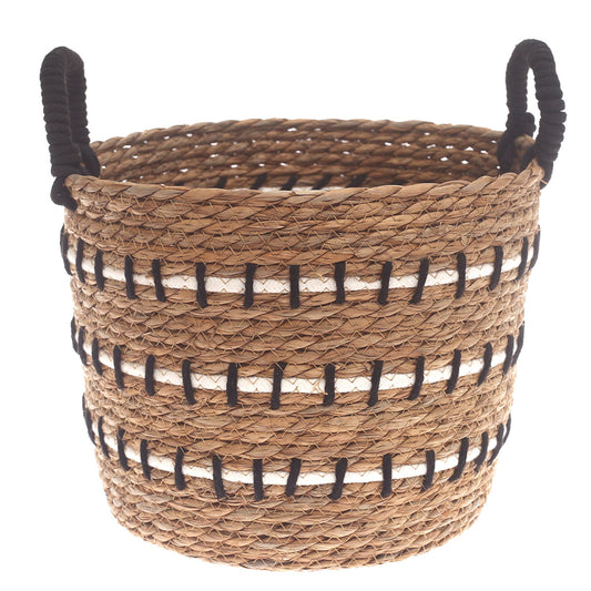 Medium Natural Woven Storage Basket with Black & White Stitch Detail – 12 x 12 x 9.5 Inch - Habitt