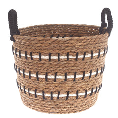 Medium Natural Woven Storage Basket with Black & White Stitch Detail – 12 x 12 x 9.5 Inch - Habitt