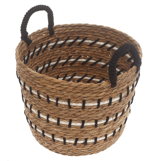 Medium Natural Woven Storage Basket with Black & White Stitch Detail – 12 x 12 x 9.5 Inch - Habitt