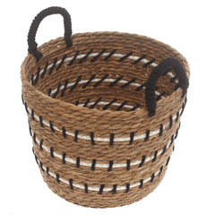 Medium Natural Woven Storage Basket with Black & White Stitch Detail – 12 x 12 x 9.5 Inch - Habitt