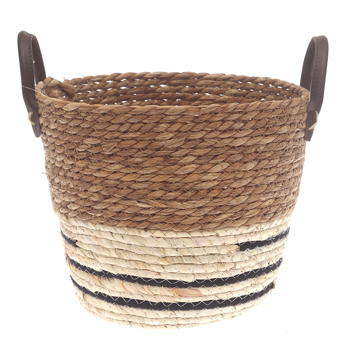Medium Woven Storage Basket White & Black Stripe Design – 11 x 11 x 9 Inch - Habitt