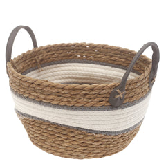 Medium Woven Storage Basket White & Grey Stripe Design – 11 x 7 Inch - Habitt