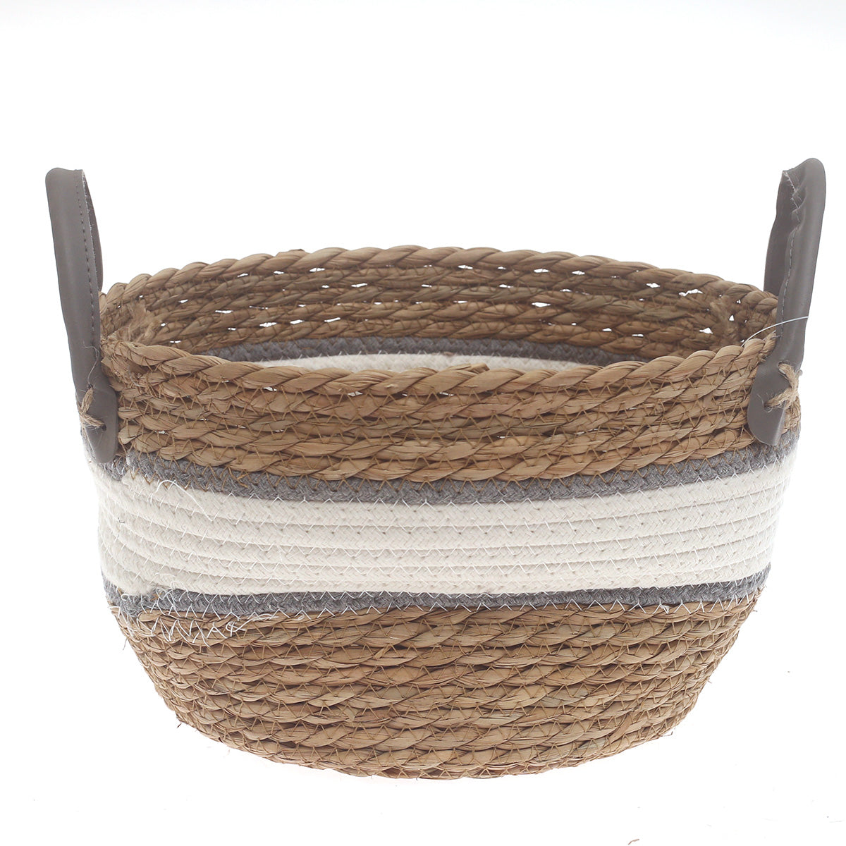 Medium Woven Storage Basket White & Grey Stripe Design – 11 x 7 Inch - Habitt