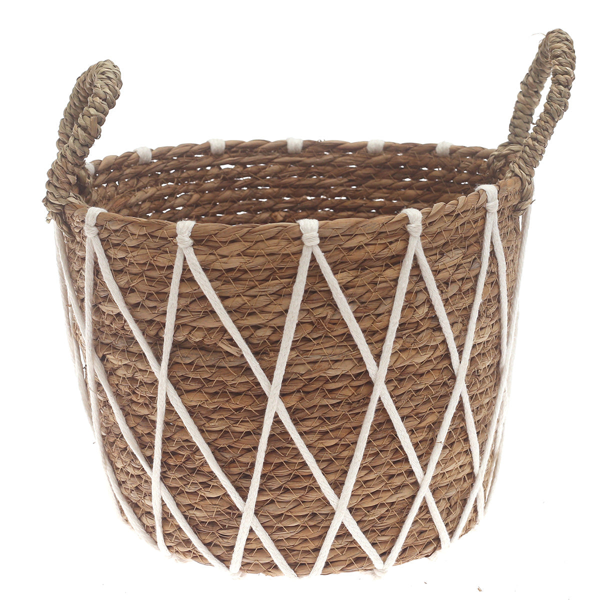 Medium Woven Storage Basket with White Rope Detail – 10.5 x 10.5 x 8.5 Inch - Habitt