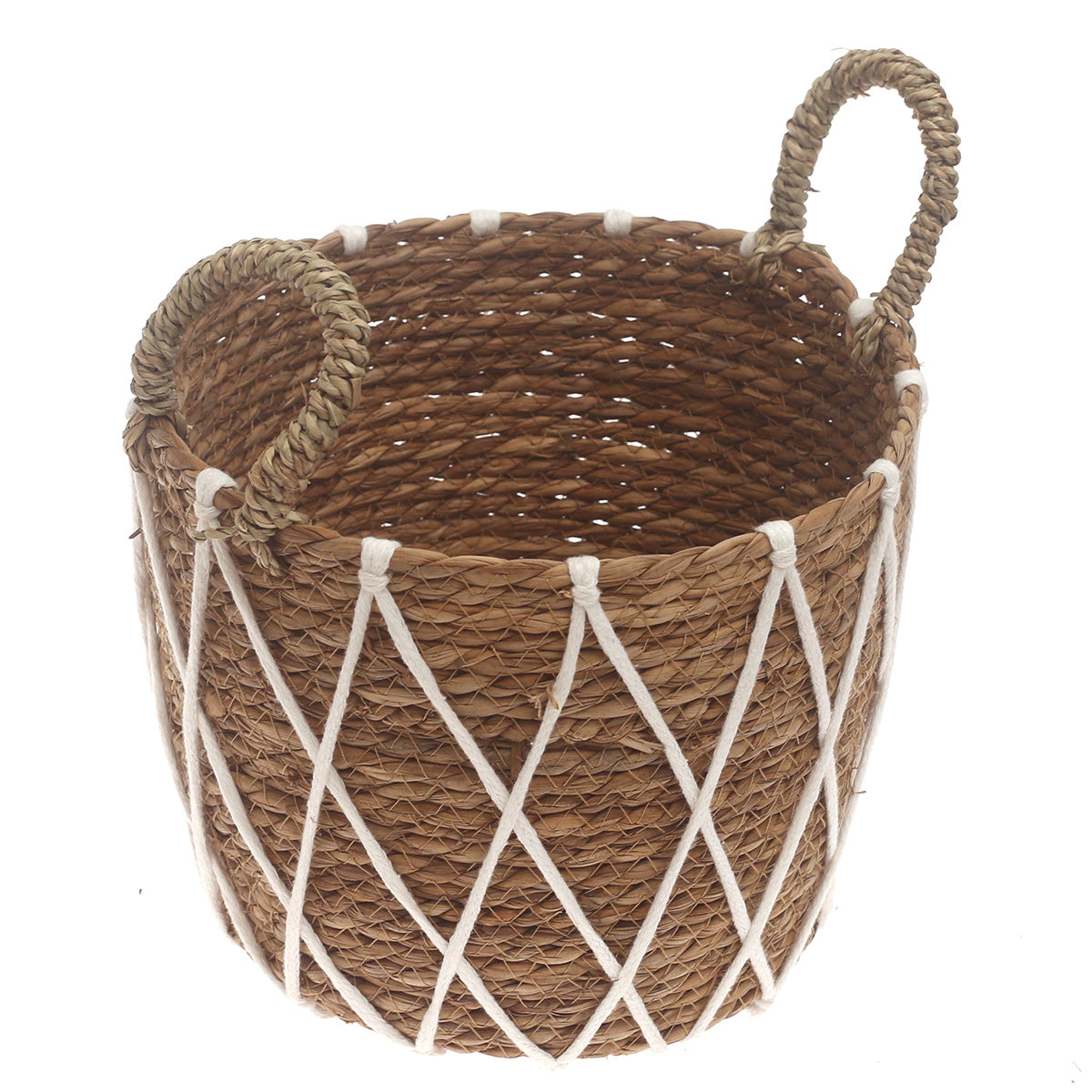 Medium Woven Storage Basket with White Rope Detail – 10.5 x 10.5 x 8.5 Inch - Habitt