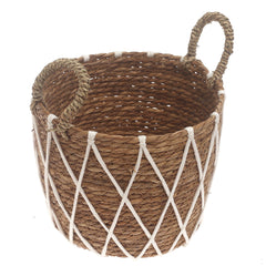 Medium Woven Storage Basket with White Rope Detail – 10.5 x 10.5 x 8.5 Inch - Habitt