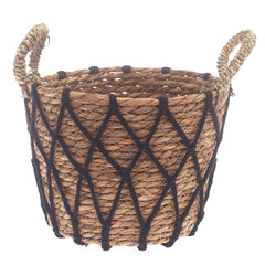 Small Woven Storage Basket with Black Rope Detail – 9 x 9 x 7 Inch - Habitt