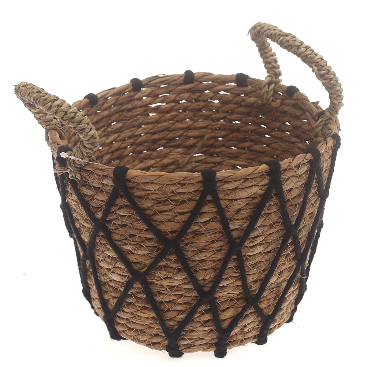 Small Woven Storage Basket with Black Rope Detail – 9 x 9 x 7 Inch - Habitt