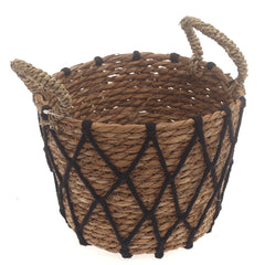 Small Woven Storage Basket with Black Rope Detail – 9 x 9 x 7 Inch - Habitt