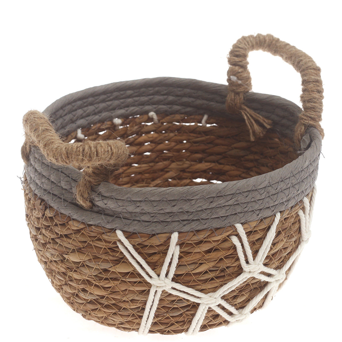 Small Woven Storage Basket Grey & White Rope Detail – 9 x 9 x 5.5 Inch - Habitt