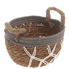 Small Woven Storage Basket Grey & White Rope Detail – 9 x 9 x 5.5 Inch - Habitt