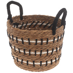 Small Natural Woven Storage Basket with Black & White Stitch Detail – 9 x 9 x 7.5 Inch - Habitt