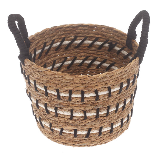 Small Natural Woven Storage Basket with Black & White Stitch Detail – 9 x 9 x 7.5 Inch - Habitt