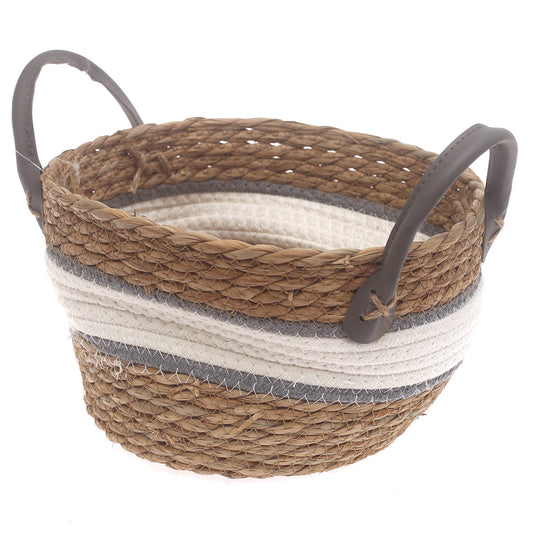 Small Woven Storage Basket White & Grey Stripe Design – 10 x 6 Inch - Habitt