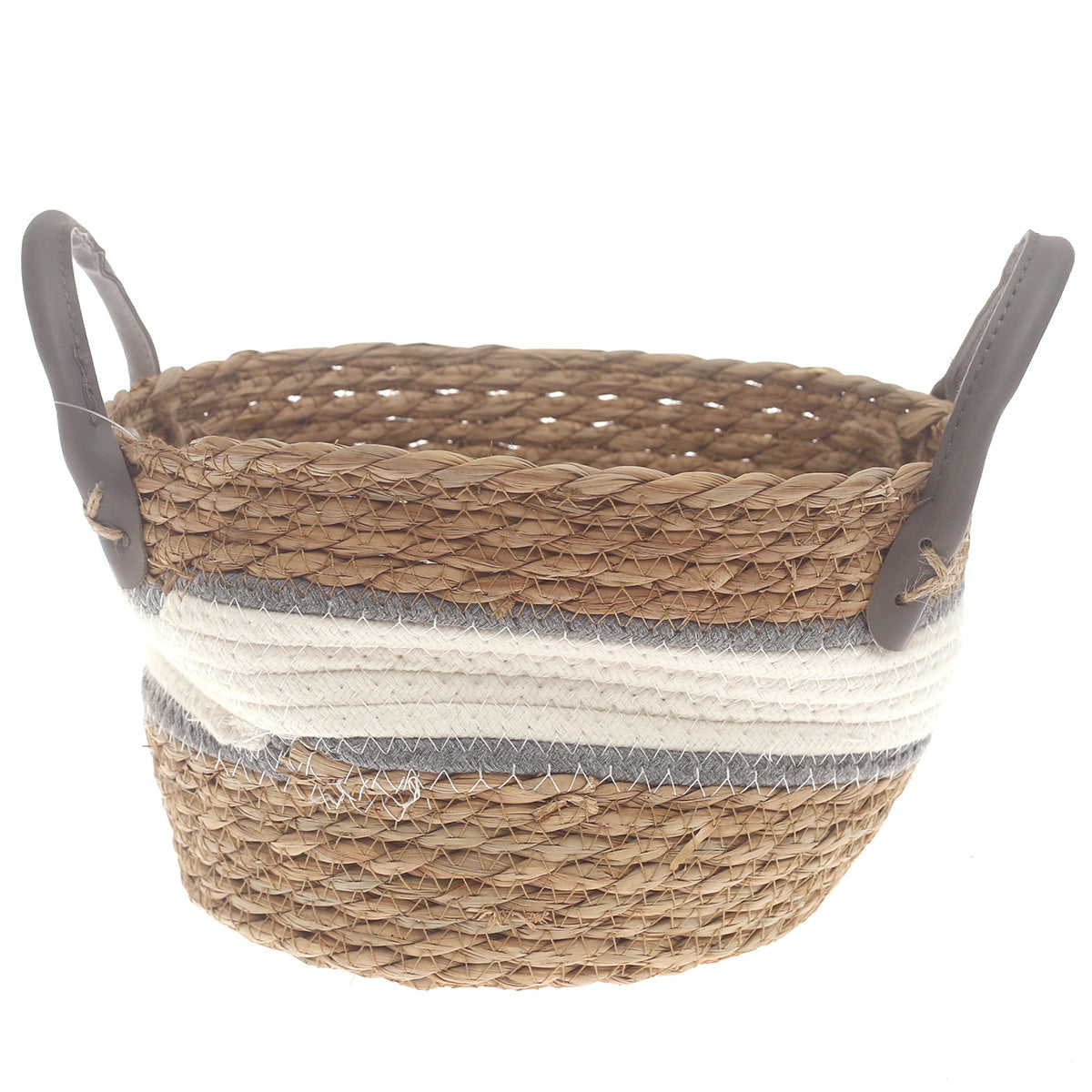 Small Woven Storage Basket White & Grey Stripe Design – 10 x 6 Inch - Habitt