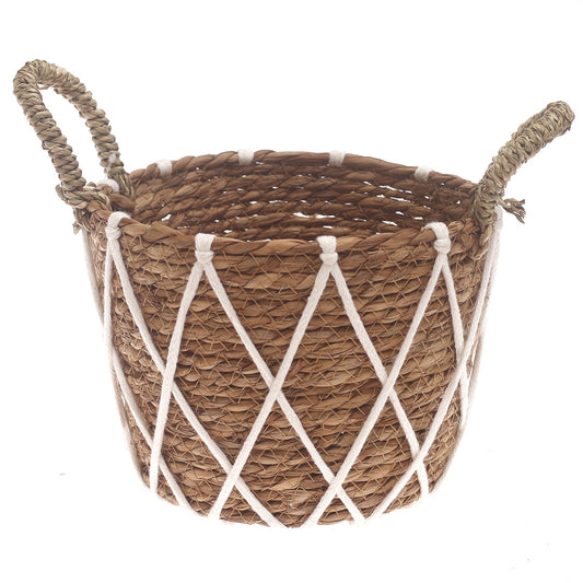 Small Woven Storage Basket with White Rope Detail – 9 x 9 x 7 Inch - Habitt