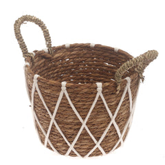 Small Woven Storage Basket with White Rope Detail – 9 x 9 x 7 Inch - Habitt