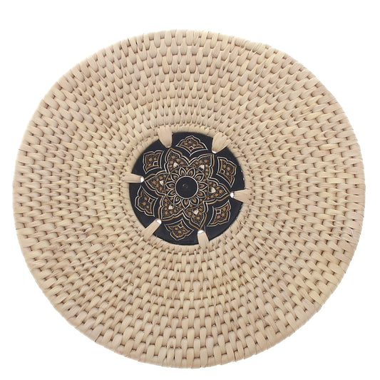 Handwoven Hot Plate Mat – Black & Gold Mandala Design Trivet (12 in, UC-B-35) - Habitt