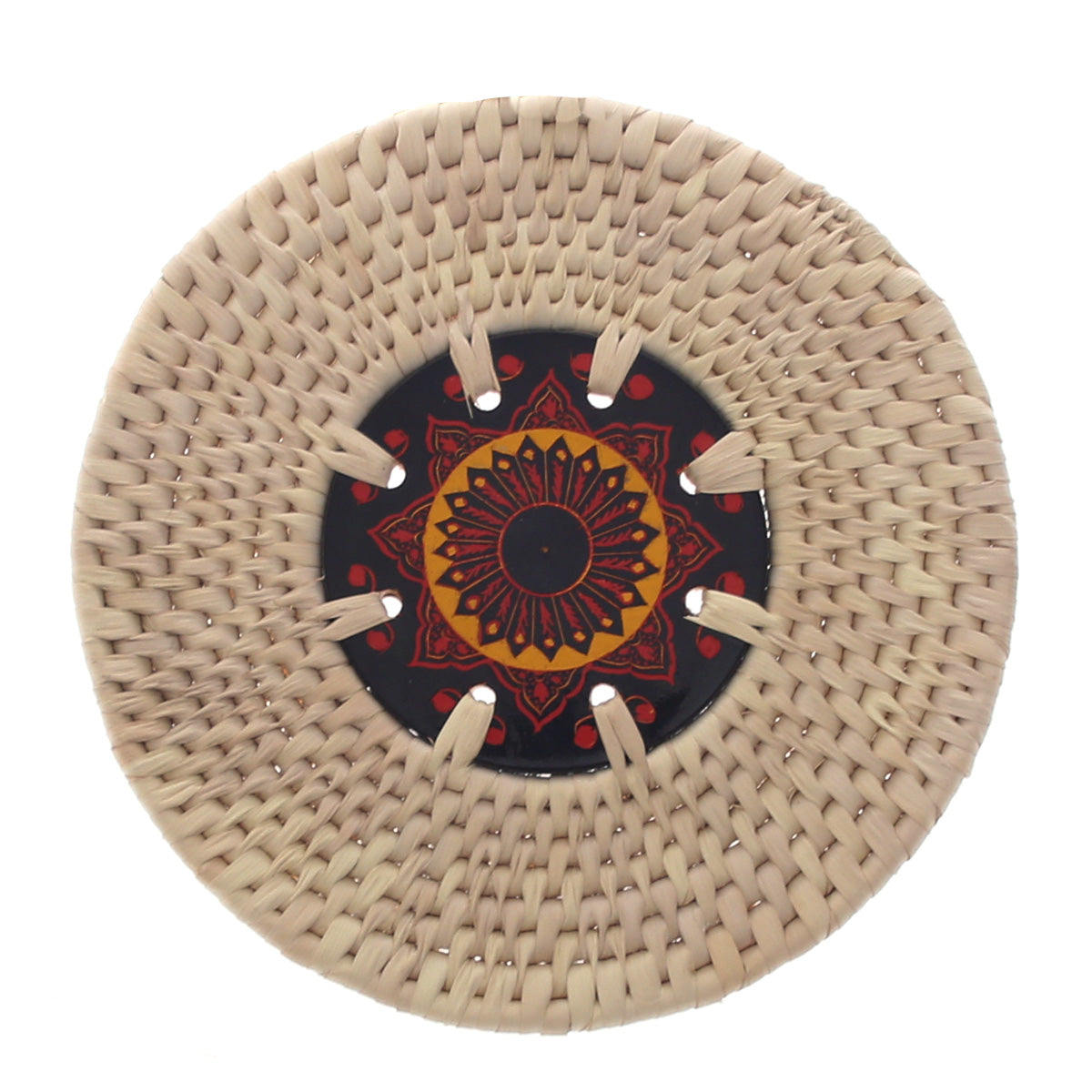 Handwoven Hot Plate Mat – Red &amp; Gold Mandala Design Trivet (8 in, UC-B-37) - Habitt