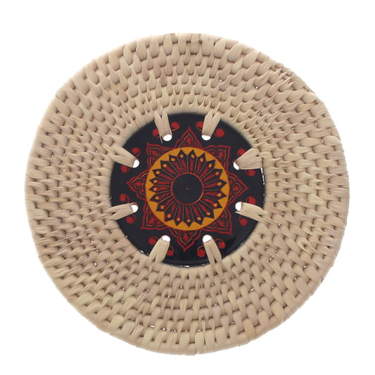 Handwoven Hot Plate Mat – Red &amp; Gold Mandala Design Trivet (8 in, UC-B-37) - Habitt