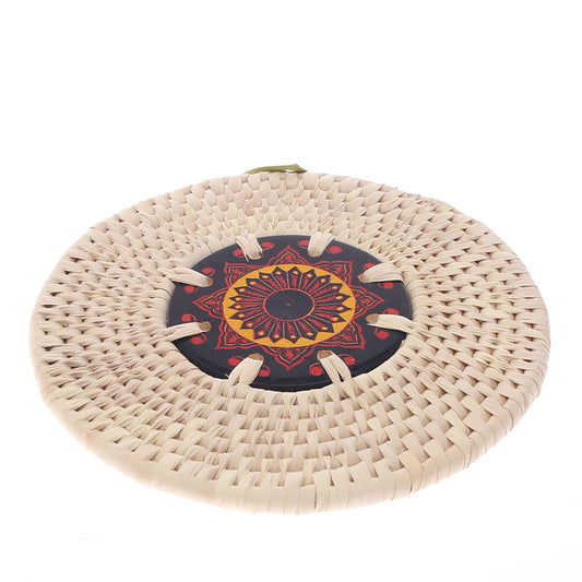 Handwoven Hot Plate Mat – Red &amp; Gold Mandala Design Trivet (8 in, UC-B-37) - Habitt