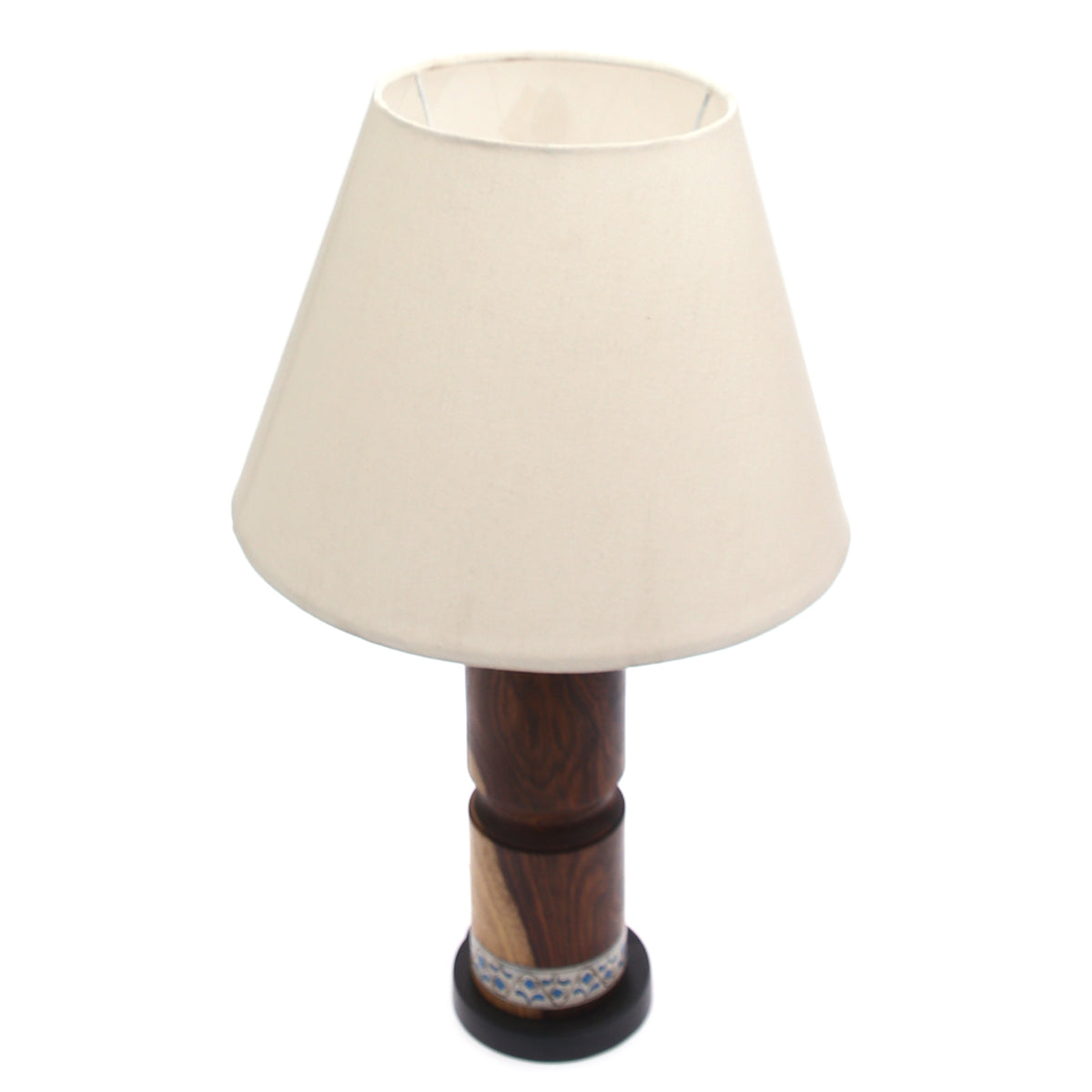 Wooden Table Lamp – White & Blue Printed Base | Classic White Shade - Habitt