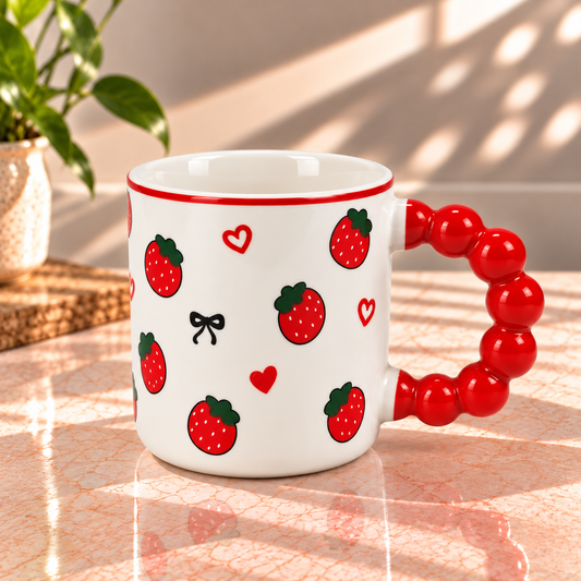 Cute Fruit Print Ceramic Coffee Mug with Red Handle – Tea & Coffee Cup