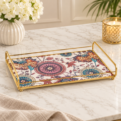 Luxury Gold Decorative Serving Tray with Printed Glass Base | Premium Rectangular Display Tray
