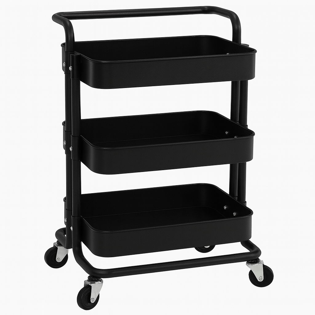 3-Tier Modern Storage Trolley with Wheels – Multi-Purpose Rolling Utility Cart in White &amp; Black | Metal Organizer Rack for Kitchen, Bathroom, Office &amp; Salon - Habitt