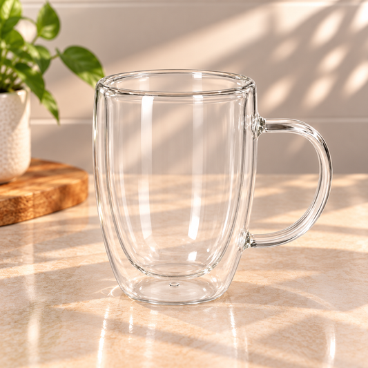 Double Glass Mug 450ml | Transparent Glass Coffee & Tea Mug for Beverages