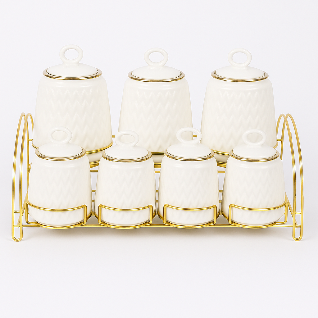 7 Pcs Canister Set with Ceramic Lid 2946 – White Textured Kitchen Storage Jars - Habitt