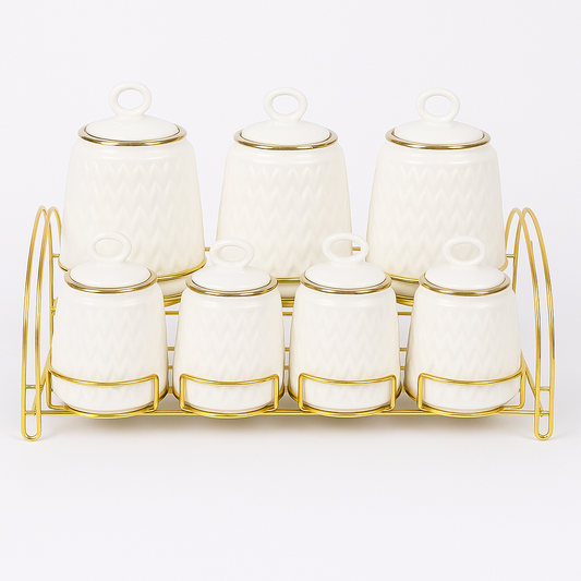 7 Pcs Canister Set with Ceramic Lid 2946 – White Textured Kitchen Storage Jars - Habitt