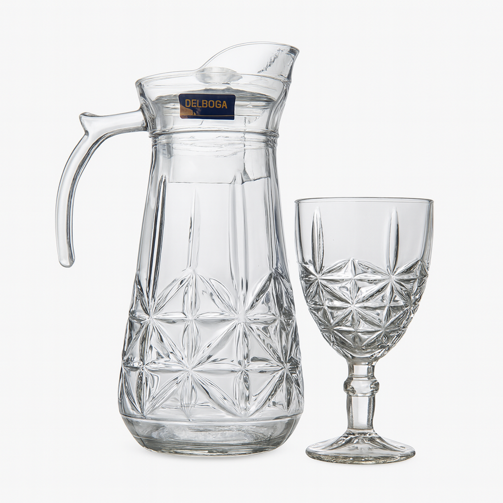 Smoke-Tinted 7-Piece Water Set – Diamond-Cut Jug with Stemmed Goblet Glasses (Pressed Glass) - Habitt